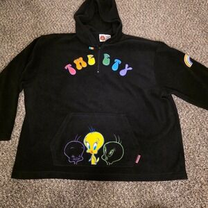 Vintage Looney Tunes Tweety Bird Fleece Hoodie Black Quarter Zip XL
